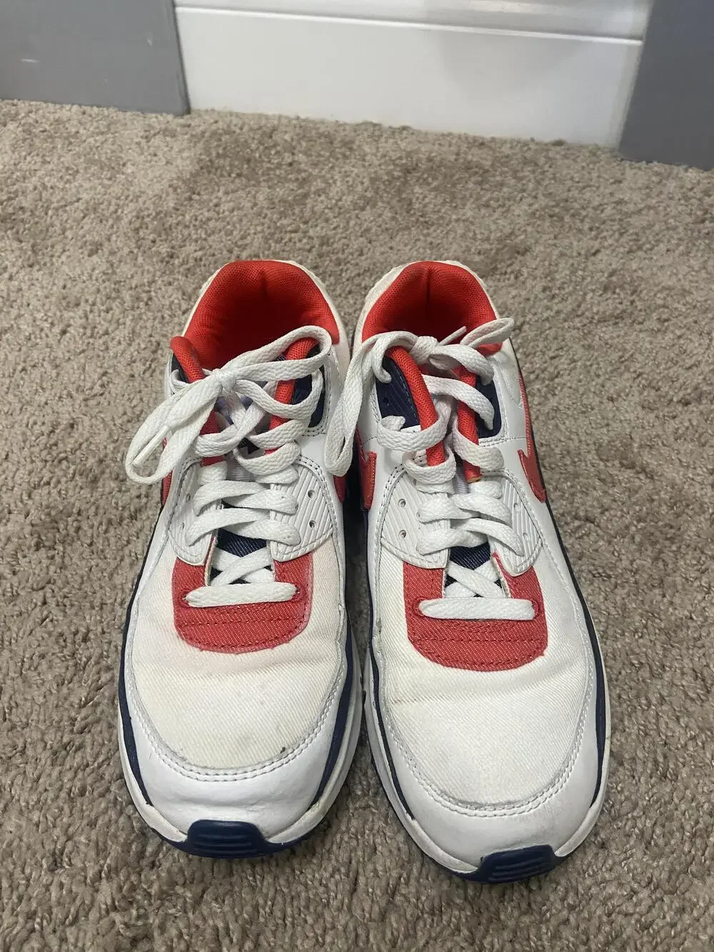 Nike Air Max 90 Shoes Youth Size 7Y White Red Navy Leather Running Sneakers